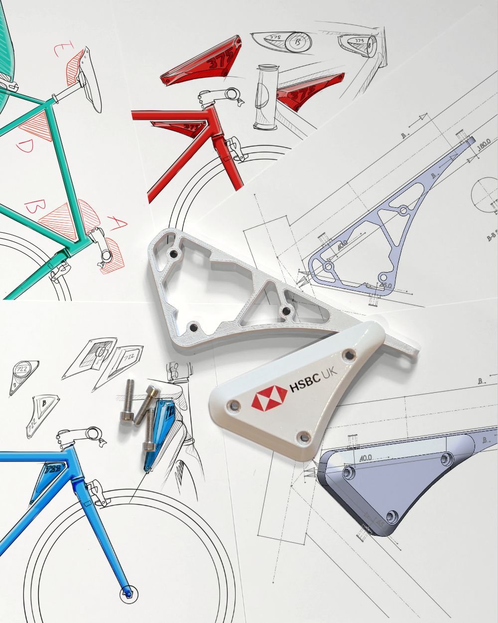 Buzzbike frame bracket shown as concept sketches, CAD drawings, a machined prototype and the finished production part