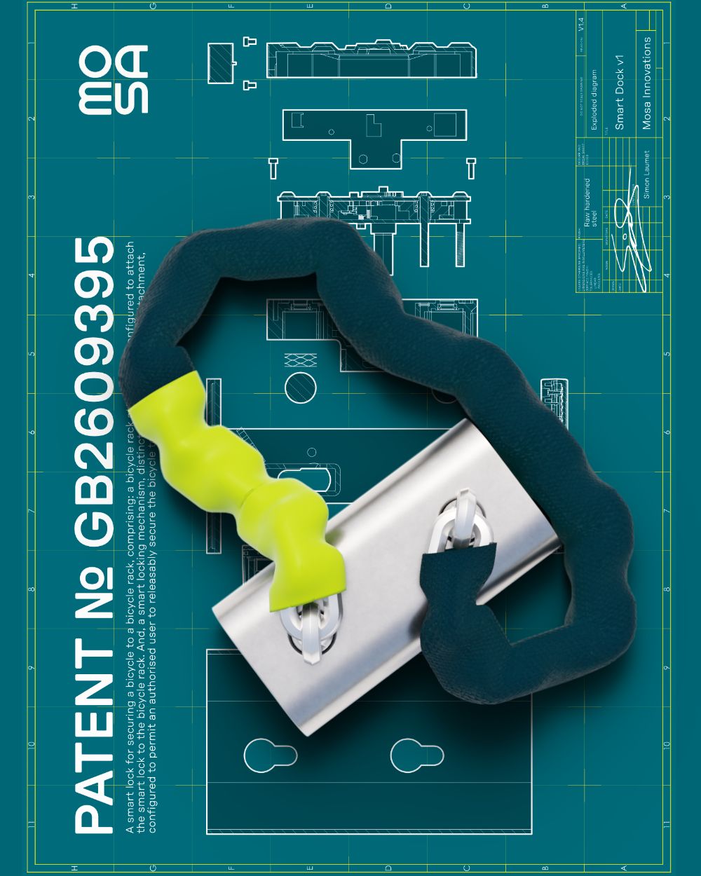 The patented Mosa lock mechanism laid out on a blueprint backdrop