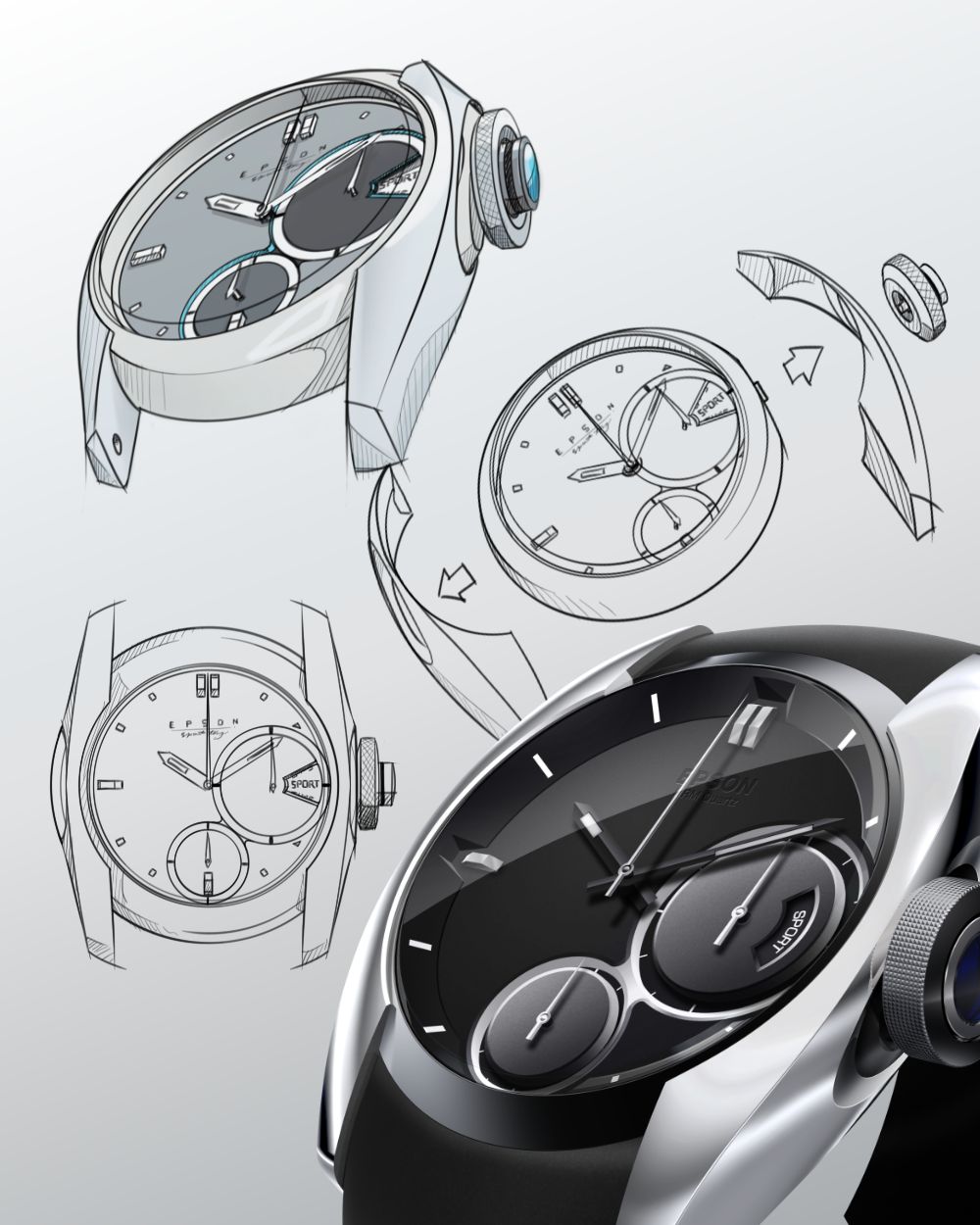 Industrial design sketches and renders of a smart wearable